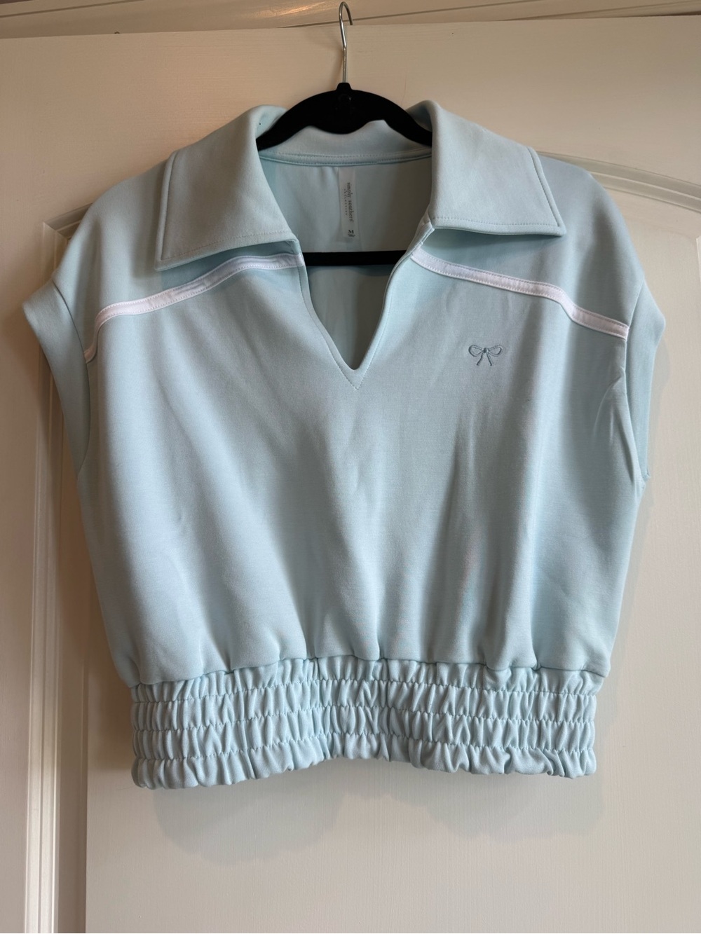 Simply Southern Pale Blue Cropped V‑Neck Polo Top with White Trim